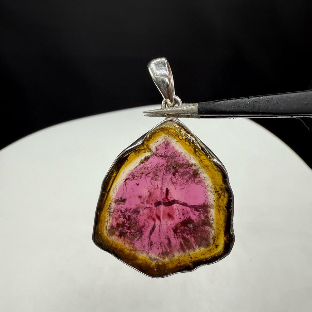 Handmade Natural Watermelon Tourmaline Slice Sterling Silver Pendant